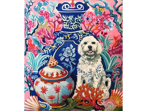Grandmillennial art, Whimsical Chinoisetie Cockapoo dog, ginger jar and sea shells wall art