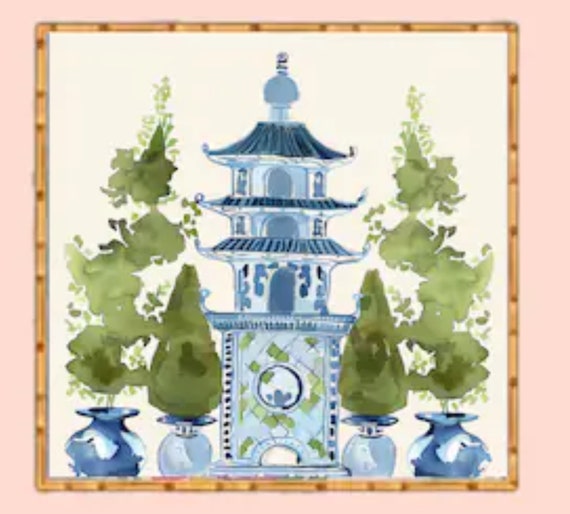 Grandmillennial art, Chinoiserie pagoda garden 1 art print