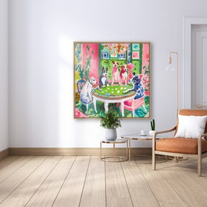 May include: A painting of five dogs playing cards around a table in a room with pink and green walls. The dogs are wearing collars and are sitting on chairs. The painting is framed in a gold frame.