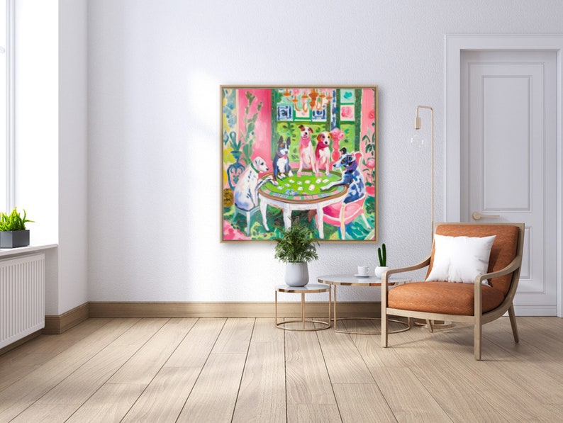 May include: A painting of five dogs playing cards around a table in a room with pink and green walls. The dogs are wearing collars and are sitting on chairs. The painting is framed in a gold frame.