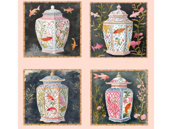 Chinoiserie Giclee Prints: Pink Vases, Coral, Koi Fish - Set of 4
