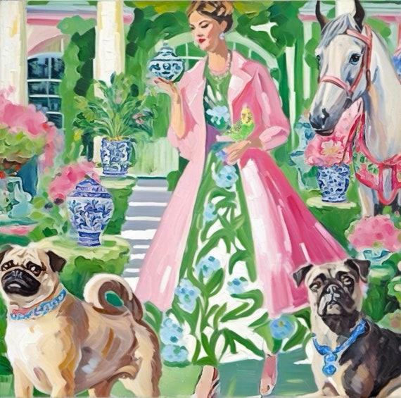 Grandmillennial art, Just another blue and white pot, whimsical watercolor