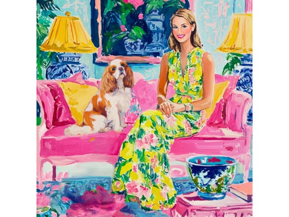 Grandmillennial art, Girl with Cavalier Spaniel, whimsical fine art
