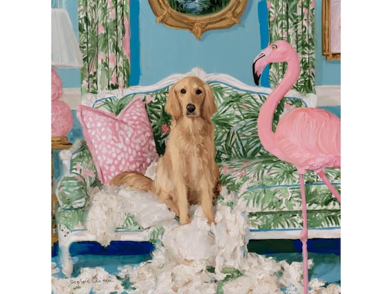 Home alone, Golden retriever and flamingo preppy whimsical fine art