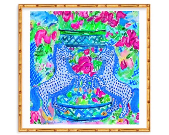 Grandmillennial art, Unique modern chinoiserie print with dancing zebras