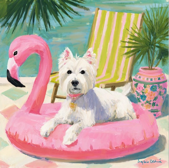 Westie Dog Art Print, Pink Flamingo Pool Float, Grandmillennial Decor