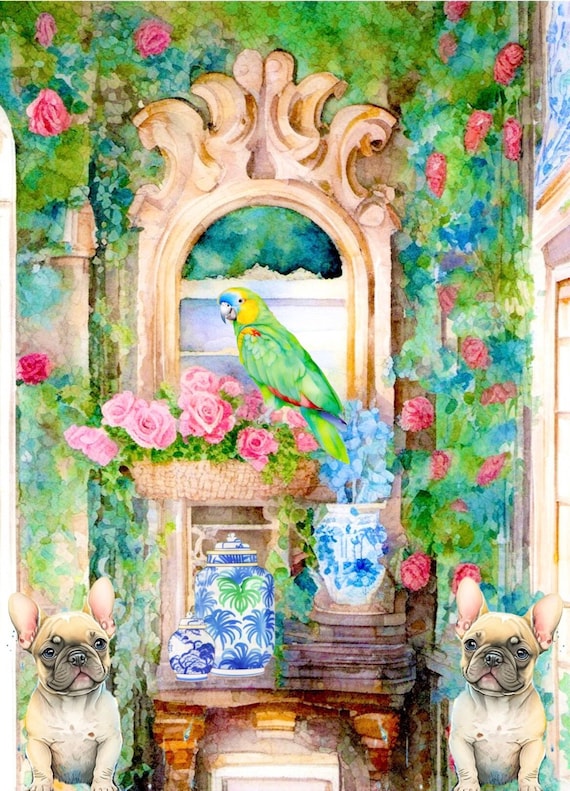 Grandmillennial art, Large watercolor painting, chinoiserie interior with French Bulldogs and green parrot