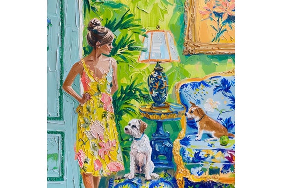 Ready to play fetch, grandmillennial art, oil painting, whimsical giclee