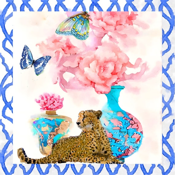 Watercolor Cheetah & Chinoiserie Jars Art Print