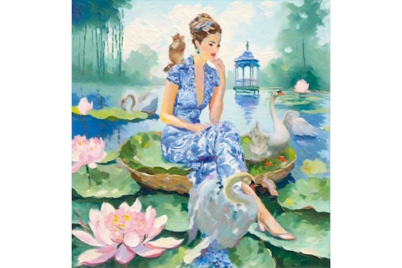 Grandmillennial art, Swan Lake, whimsical fine  art print