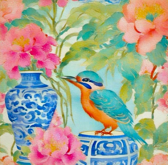 Chinoiserie Kingfisher Watercolor Painting: Birds and Flowers Series