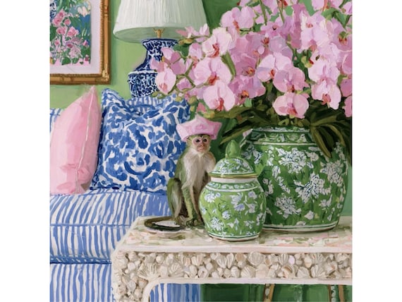 Monkey and pink orchids on shell console table, signed print
