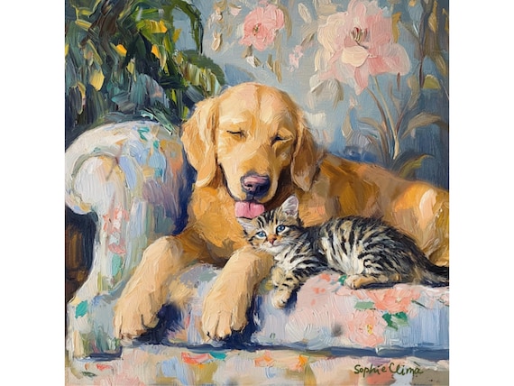 Whimsical Cat and Dog Giclee Print: Grandmillennial Art