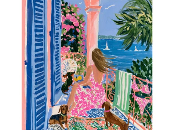View from the Beach House, grandmillennial art, whimsical woman and dogs art, signed art print