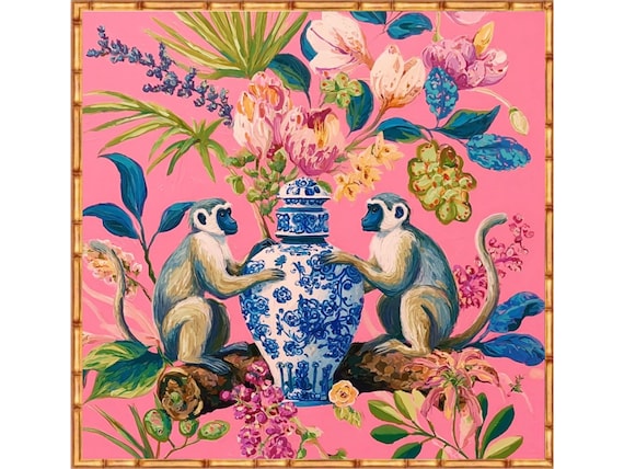 Monkeys and ginger jars in chinoiserie garden on candy pink art print