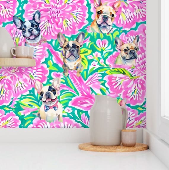 Preppy French Bulldogs and flowers  watercolor, watercolor seamless pattern
