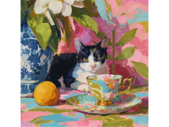 Preppy Cat Art Print: Grandmillennial Chinoiserie Kitten Wall Decor