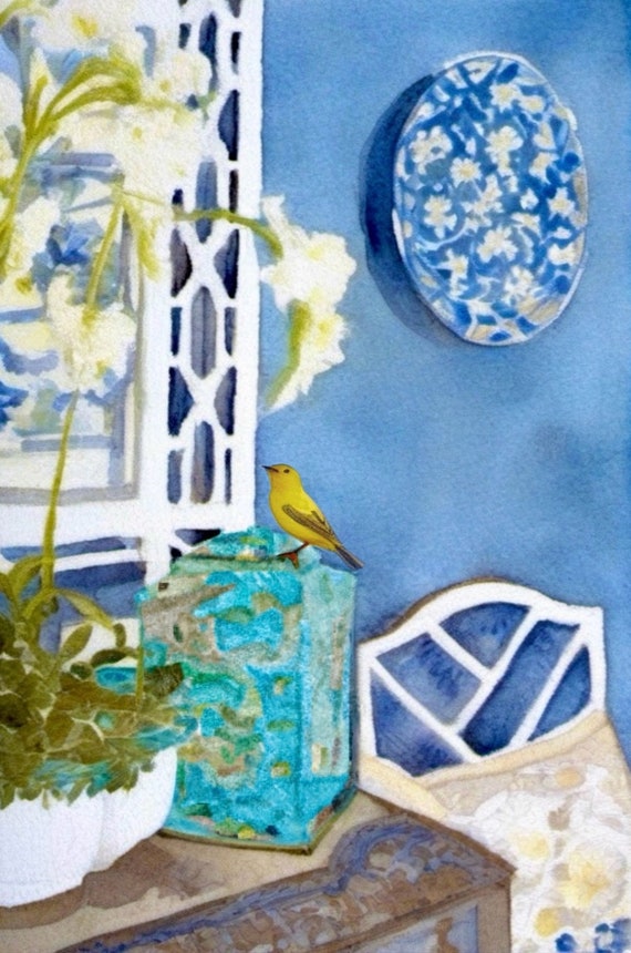 Grandmillennial art, Yellow bird in blue interior, digital download