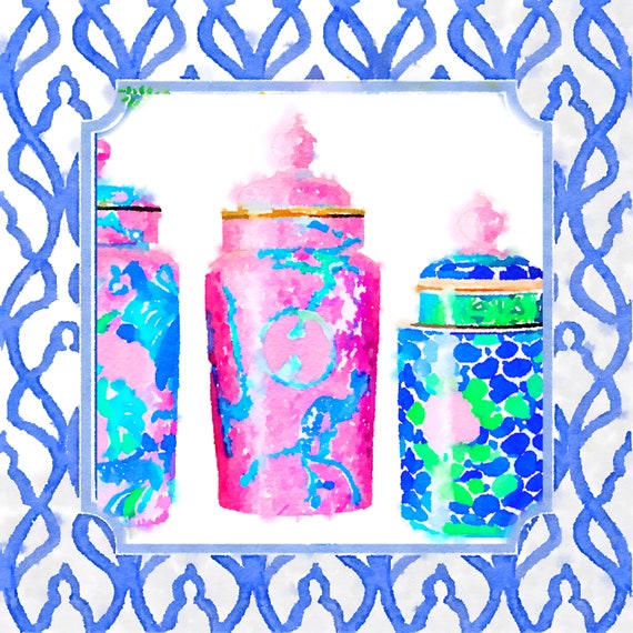 Grandmillennial art, Unique modern chinoiserie print, fantasy chinoiserie jars