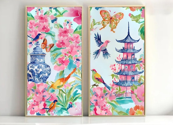 Grandmillennial art, chinoiserie panels, set of two
