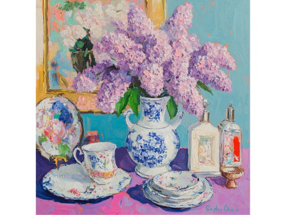 grandmillennial art, Still life with lilac in ginger jar,  oil painting