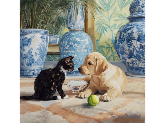 Puppy and Kitten Giclee Art Print: Blue & White Grandmillennial Decor