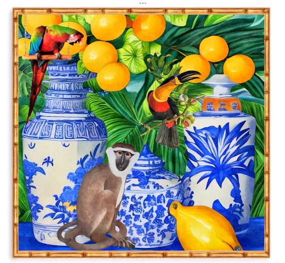 Grandmillennial art, Monkey, parrot, Toucan and chinoiserie jars in tropical garden art print