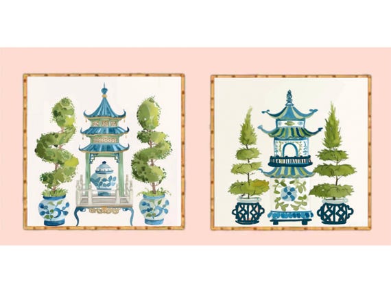 Chinoiserie Pagoda Art Prints, Topiary Garden, Set of 2