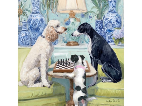 Grandmillennial art, A Game of Chess, whimsical dogs fine art