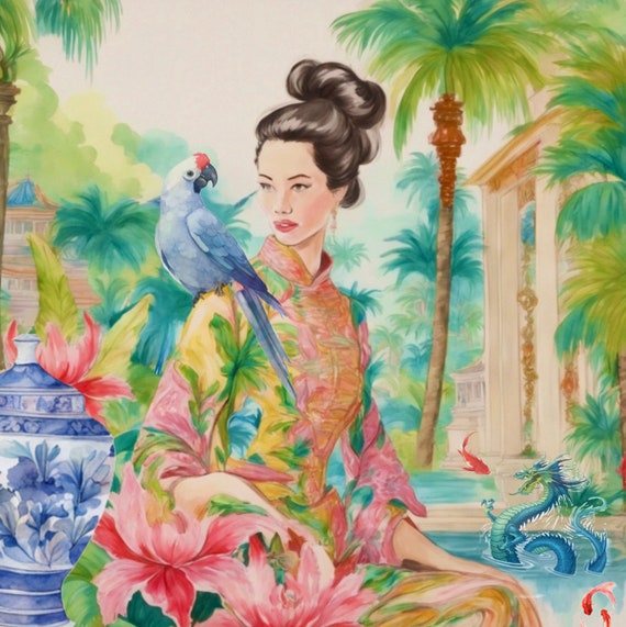 Chinoiserie art, The House of Fishing Dragon, chinoiserie giclee print