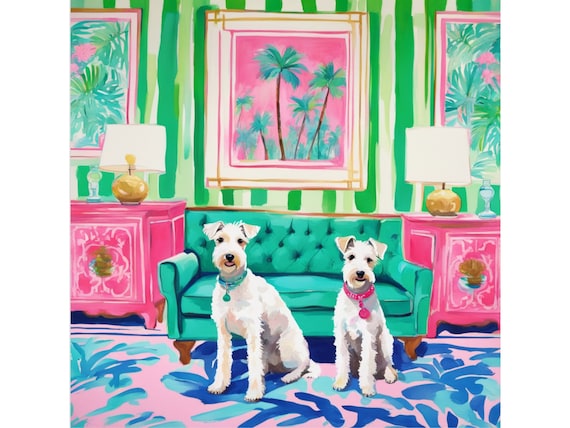 Grandmillennial art, Two White Wire Terriers in preppy Palm Beach interior,  whimsical art