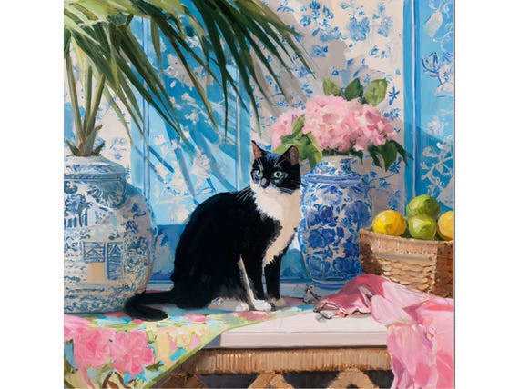 Grandmillennial art, Black and White Cat in Preppy Blue room.