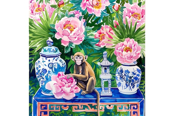 Chinoiserie Monkey Watercolor Painting: Peonies and Birds Art