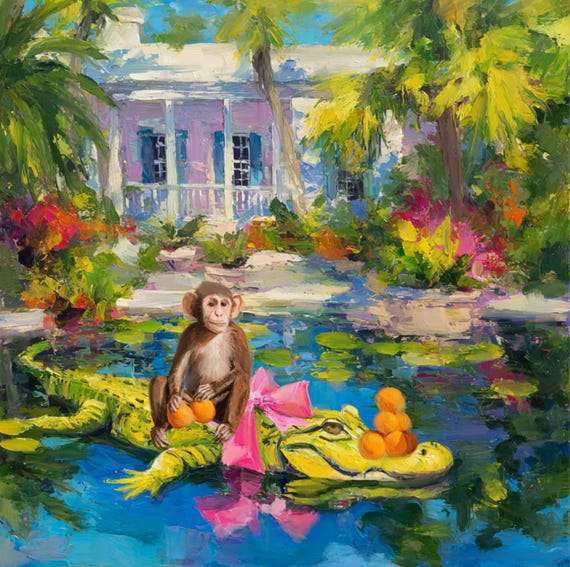 Grandmillennial art, The Orange Pickers, Whimsical Florida Art, gator and monkey art