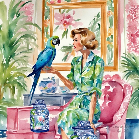 Grandmillennial art, A quiet chat, whimsical watercolor