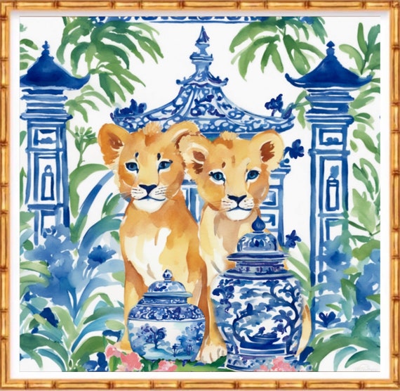 Preppy chinoiserie lion cubs in pagoda garden, whimsical watercolor