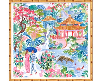 Grandmillennial art, Meeting in Pagoda Garden, chinoiserie art print