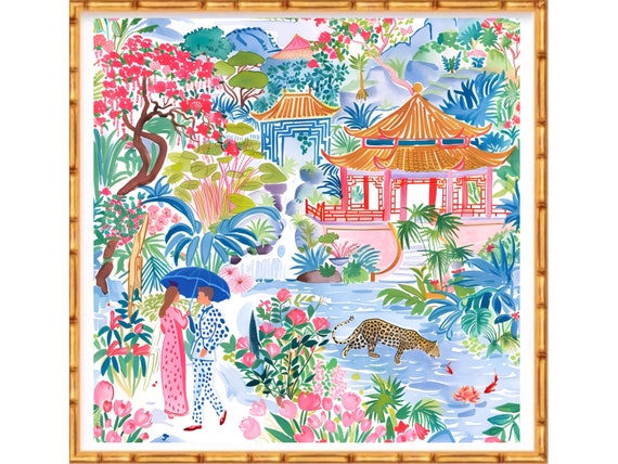 Grandmillennial art, Meeting in Pagoda Garden, chinoiserie art print