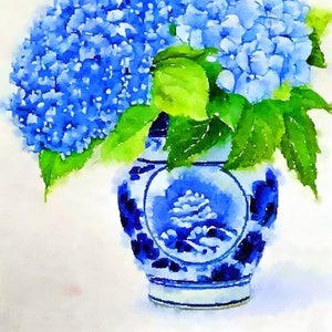 Chinoiserie Ginger Jar Art: Hortensien Aquarell Druck (Digitale Datei)
