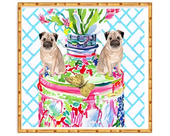 Grandmillennial art, Unique modern chinoiserie print with bulldog pups
