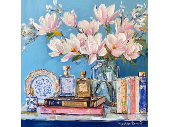grandmillennial art, Spring Magnolia still life,  oil painting