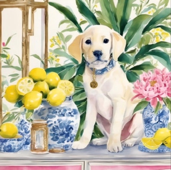 Grandmillennial art,Blonde Labrador puppy with lemons and ginger jars, whimsical fine art