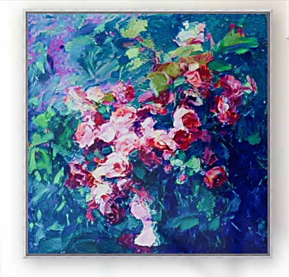 Expressionistic impasto roses in a classical urn