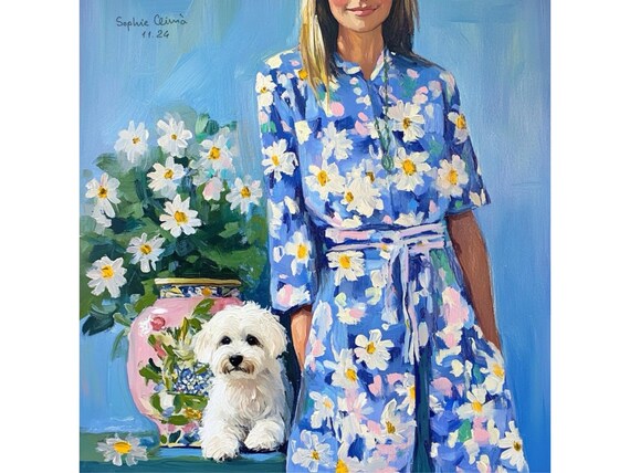 Grandmillennial art, Daisies on Blue, whimsical fine art