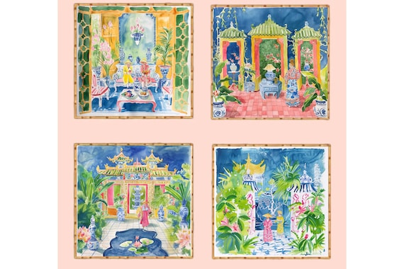 Chinoiserie Watercolor Prints: Hollywood Regency Gallery Wall Art, Set of 4