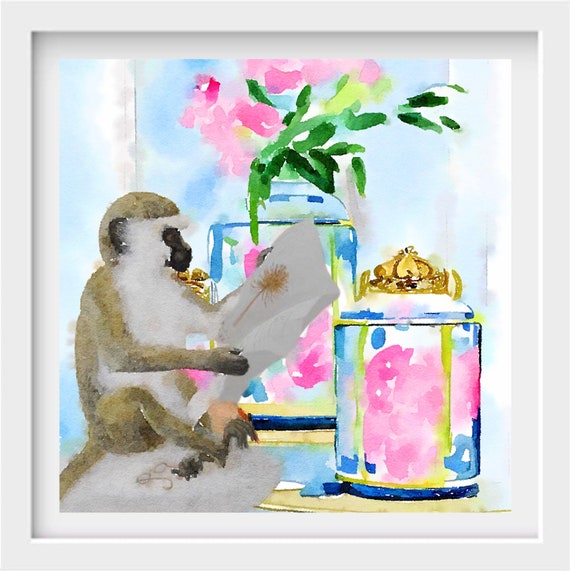 Chinoiserie Monkey Art Print: Grandmillennial Style, Framed