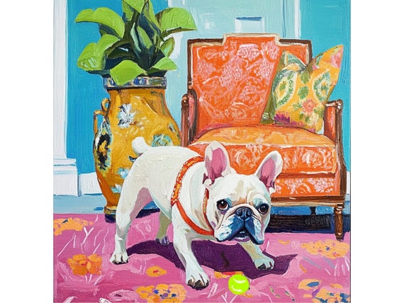 Grandmillennial art, Frenchie and the Orange Chair, whimsical fine art