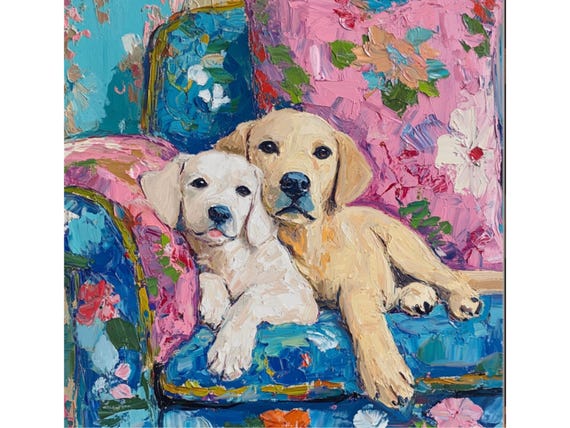 Grandmillennial art, Mother and Daughter in preppy chinoiserie interior, whimsical Labrador painting