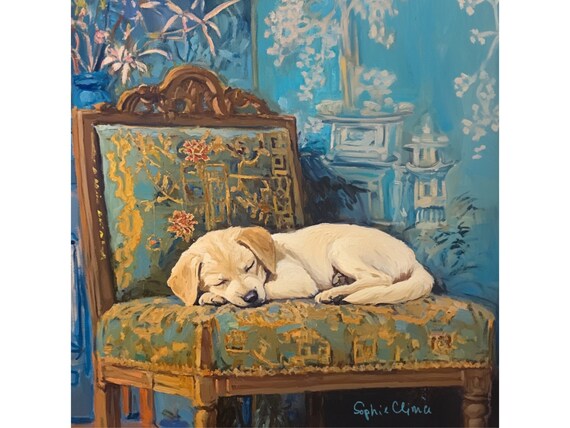 Grandmillennial art, Labrador puppy in blue chinoiserie interior, whimsical fine art
