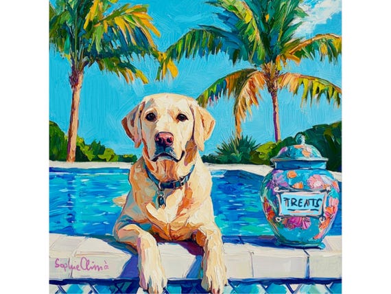 Grandmillennial art, Labrador at the swimming pool in Palm Beach, whimsical fine art
